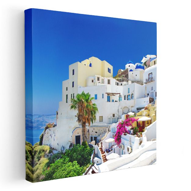 Santorini Evleri - Beyaz ve Mavi Mimarinin Dansı Kanvas Tablo