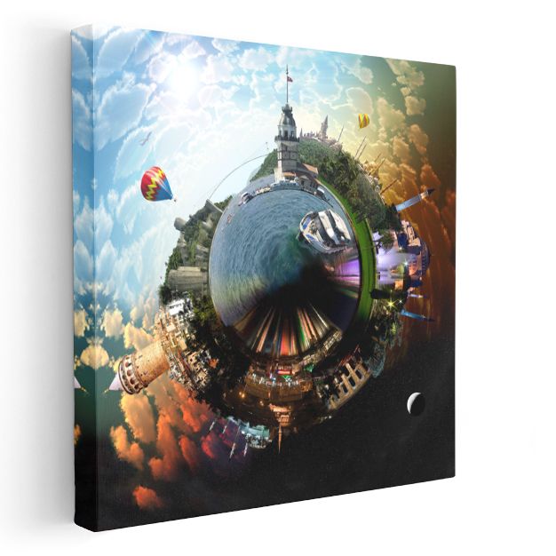 Panoramik Şehir - 360 Derece Küresel Perspektif Kanvas Tablo