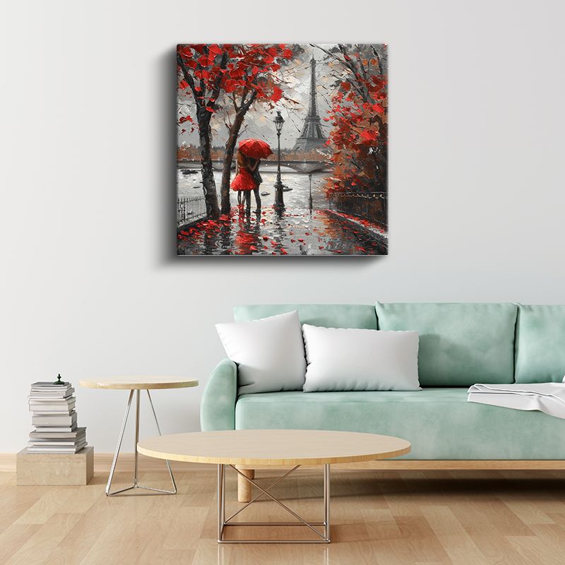 Paris'te Aşk - Kırmızı Şemsiyeli Romantizm Kanvas Tablo