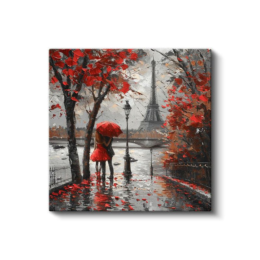Paris'te Aşk - Kırmızı Şemsiyeli Romantizm Kanvas Tablo