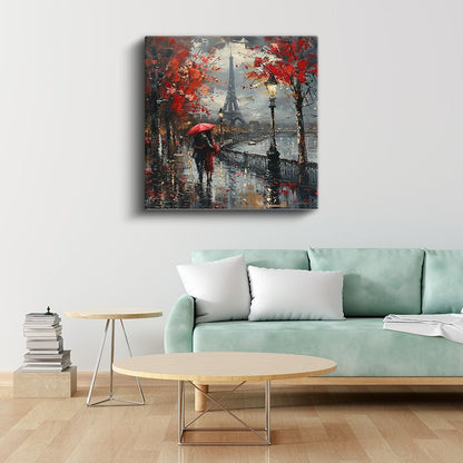 Paris'te Yağmur - Kırmızı Şemsiyeli Romantizm Kanvas Tablo