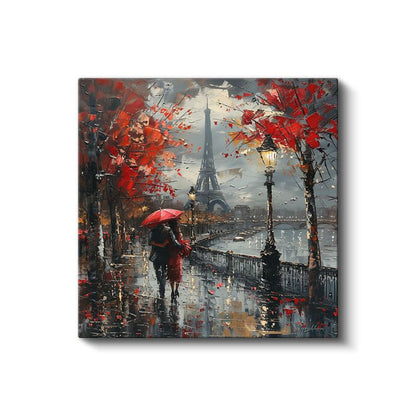 Paris'te Yağmur - Kırmızı Şemsiyeli Romantizm Kanvas Tablo