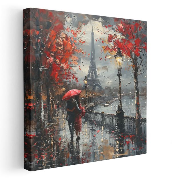Paris'te Yağmur - Kırmızı Şemsiyeli Romantizm Kanvas Tablo
