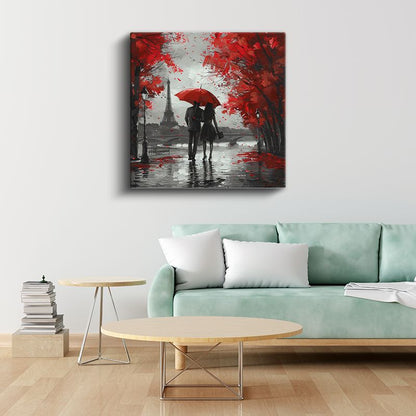 Kırmızı Şemsiye - Eyfel Manzaralı Romantik Buluşma Kanvas Tablo
