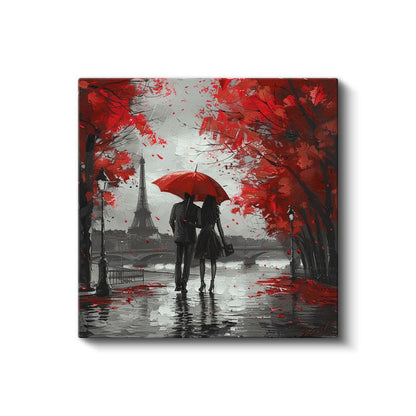 Kırmızı Şemsiye - Eyfel Manzaralı Romantik Buluşma Kanvas Tablo