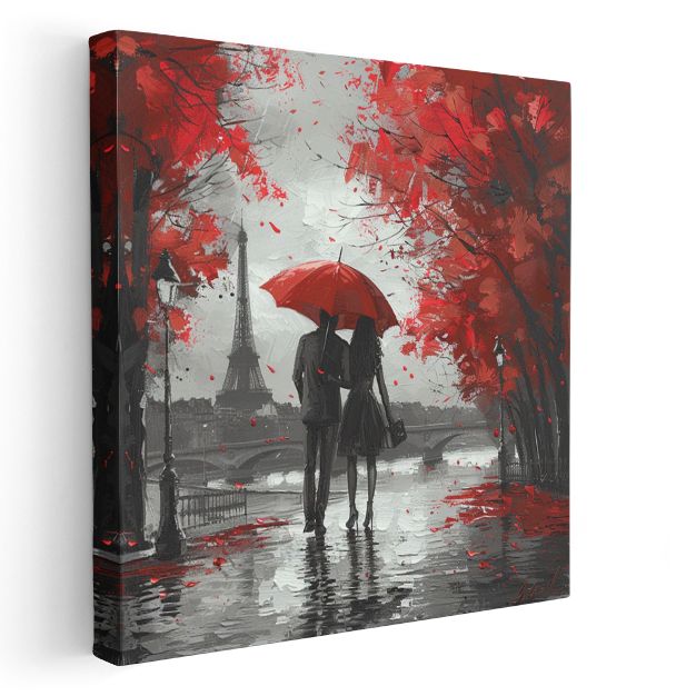 Kırmızı Şemsiye - Eyfel Manzaralı Romantik Buluşma Kanvas Tablo