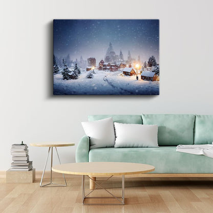 Kış Köyü - Karlı Gecede Işıklar Kanvas Tablo