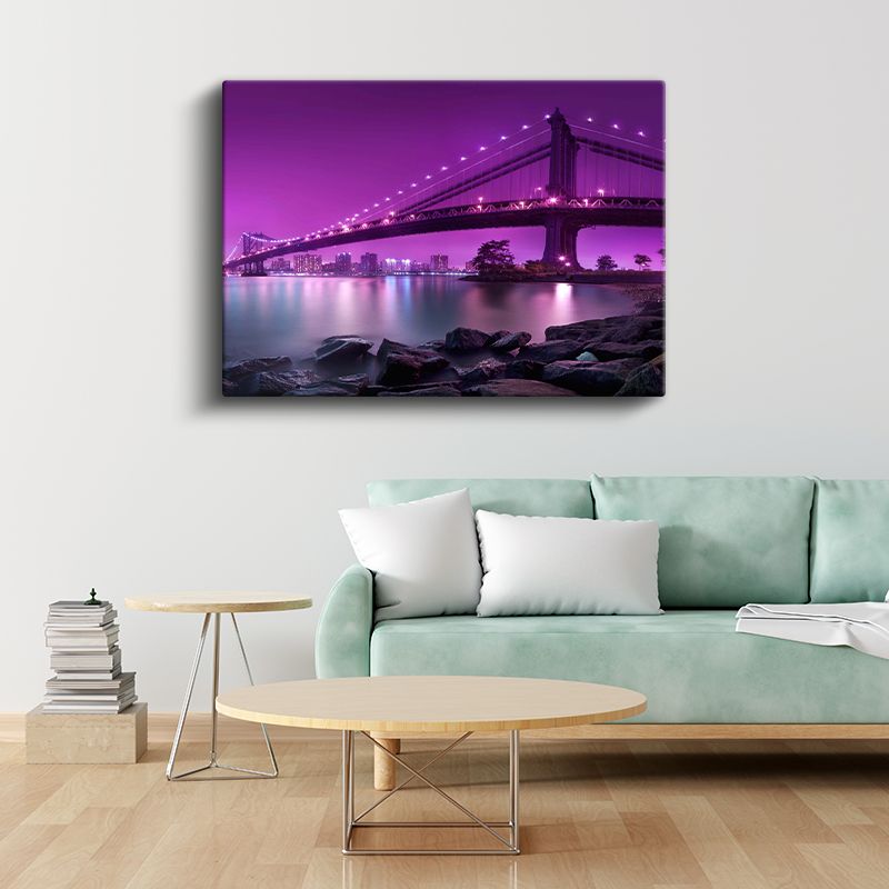 Köprü Silüeti - Mor Işıklar Altında Kanvas Tablo