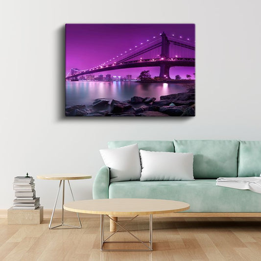 Köprü Silüeti - Mor Işıklar Altında Kanvas Tablo