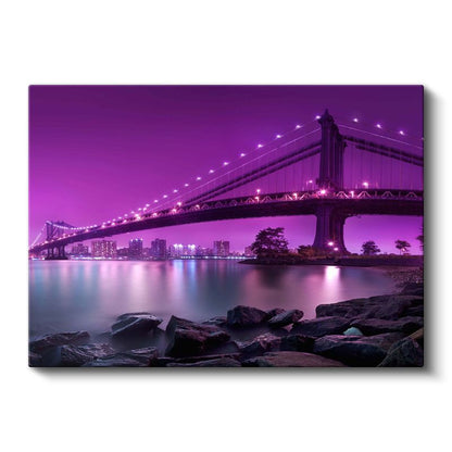 Köprü Silüeti - Mor Işıklar Altında Kanvas Tablo