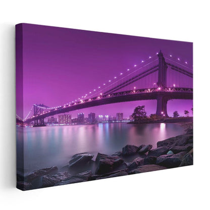 Köprü Silüeti - Mor Işıklar Altında Kanvas Tablo