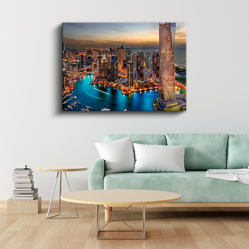 Dubai Marina - Turkuaz Sular ve Işıklı Kuleler Kanvas Tablo