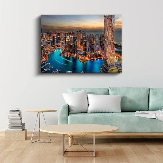 Dubai Marina - Turkuaz Sular ve Işıklı Kuleler Kanvas Tablo
