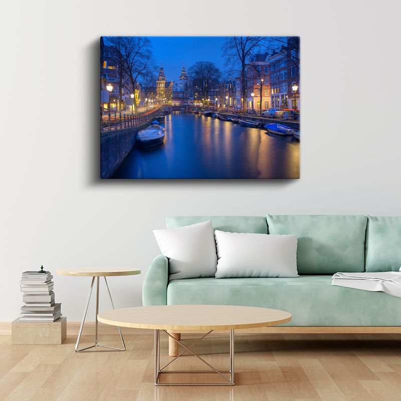 Amsterdam Kanalları - Gece Işıklarında Tarihi Evler Kanvas Tablo