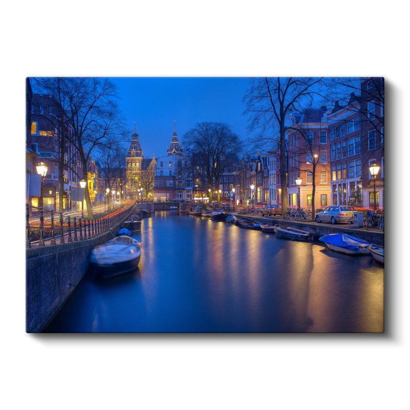 Amsterdam Kanalları - Gece Işıklarında Tarihi Evler Kanvas Tablo