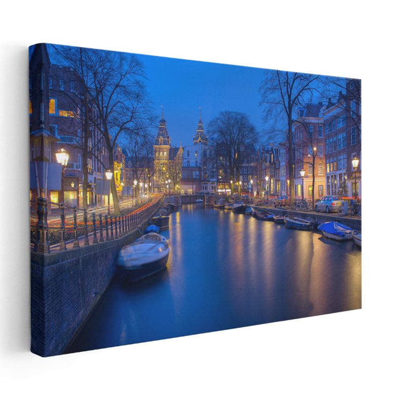 Amsterdam Kanalları - Gece Işıklarında Tarihi Evler Kanvas Tablo