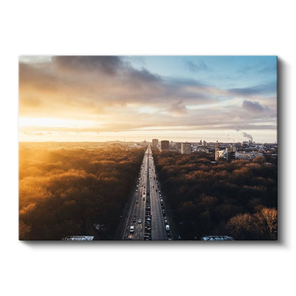 Şehir Otoyolu - Altın Işıkta Ufuk Çizgisi Kanvas Tablo