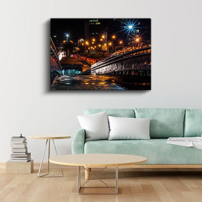 Gece Köprüsü - Işık Yıldızları ve Yansımalar Kanvas Tablo