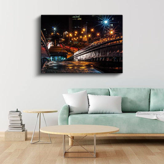 Gece Köprüsü - Işık Yıldızları ve Yansımalar Kanvas Tablo