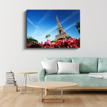 Eyfel Kulesi - Bahar Çiçekleri ve Mavi Gökyüzü Kanvas Tablo