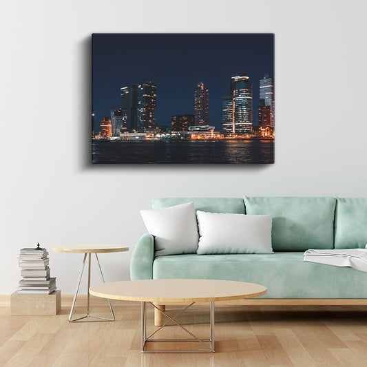 Gece Şehir Silueti - Su Kenarında Işıklı Gökdelenler Kanvas Tablo