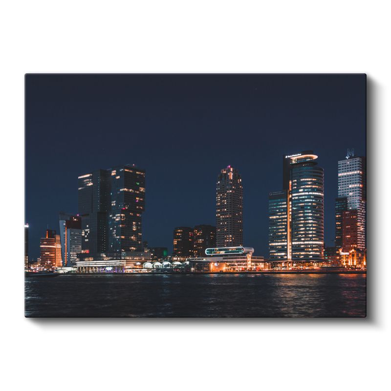 Gece Şehir Silueti - Su Kenarında Işıklı Gökdelenler Kanvas Tablo