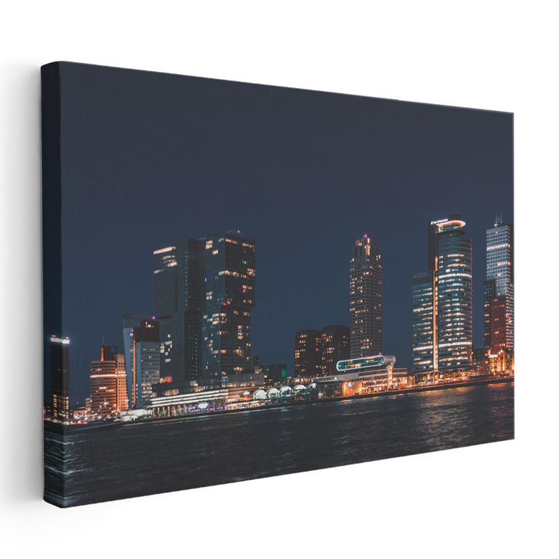 Gece Şehir Silueti - Su Kenarında Işıklı Gökdelenler Kanvas Tablo