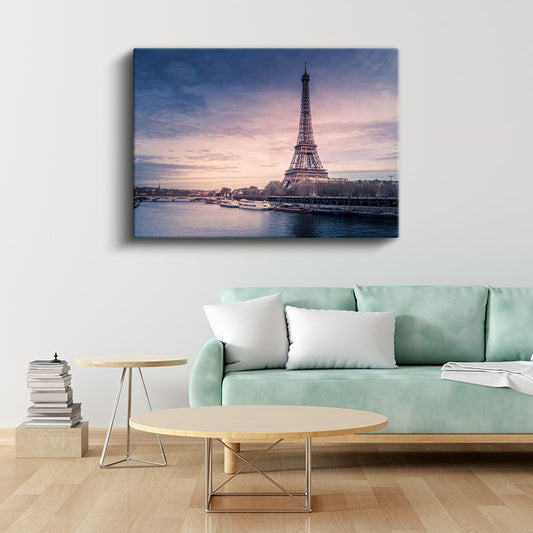 Seine Nehri Manzarası - Gün Batımında Eyfel Kulesi Kanvas Tablo