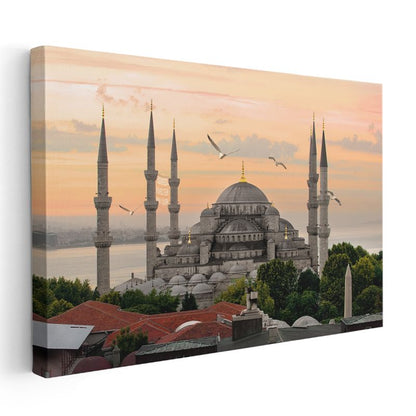 Sultanahmet Camii - Gün Batımında Martılar Kanvas Tablo
