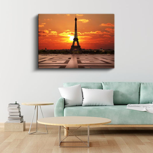 Eyfel Kulesi - Turuncu Gün Batımı Silüeti Kanvas Tablo