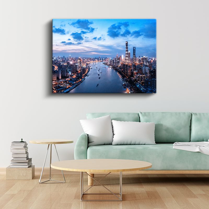 Şanghay Nehri - Işıklı Gökdelenler Panoraması Kanvas Tablo
