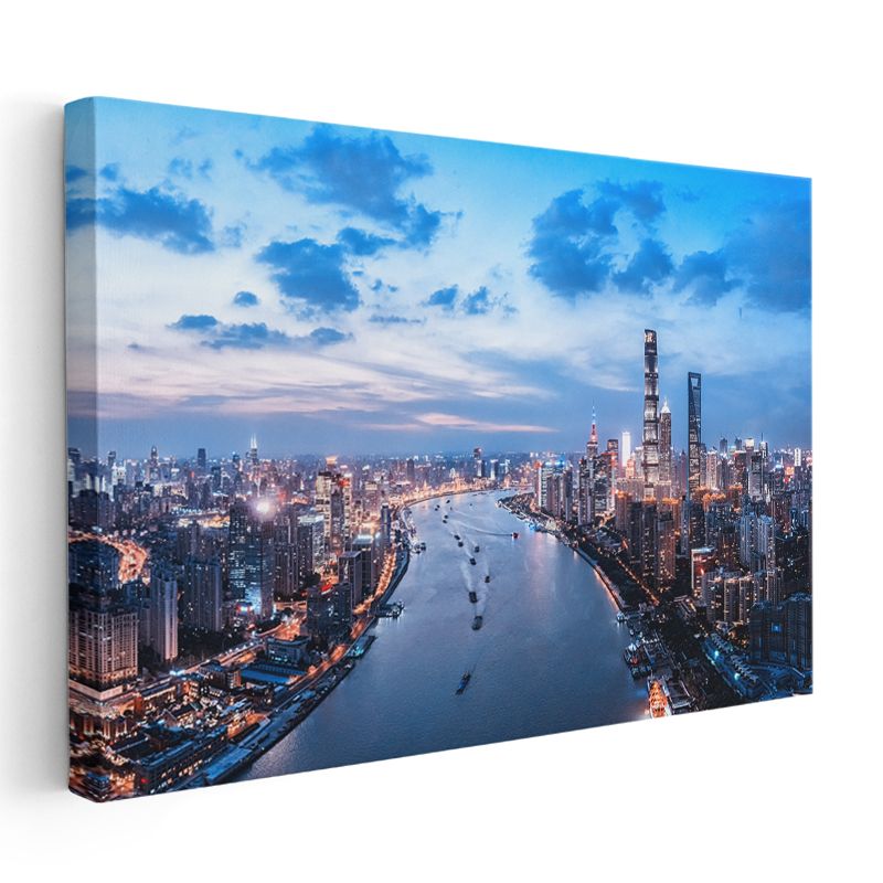 Şanghay Nehri - Işıklı Gökdelenler Panoraması Kanvas Tablo