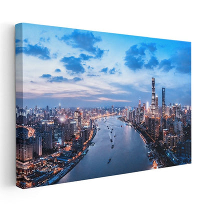 Şanghay Nehri - Işıklı Gökdelenler Panoraması Kanvas Tablo