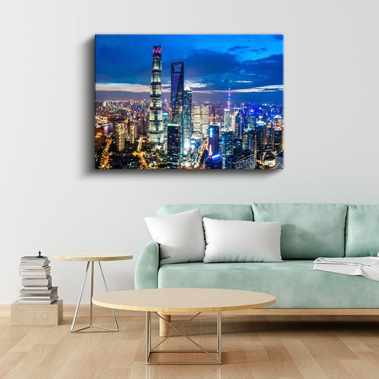 Şanghay Kuleleri - Gece Işıltısında Modern Mimari Kanvas Tablo