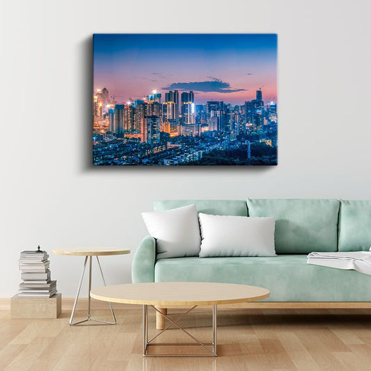Gece Şehir Silüeti - Mavi Pembe Gökyüzü Altında Kanvas Tablo
