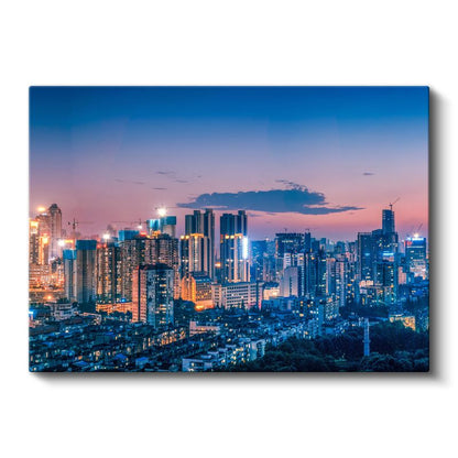 Gece Şehir Silüeti - Mavi Pembe Gökyüzü Altında Kanvas Tablo