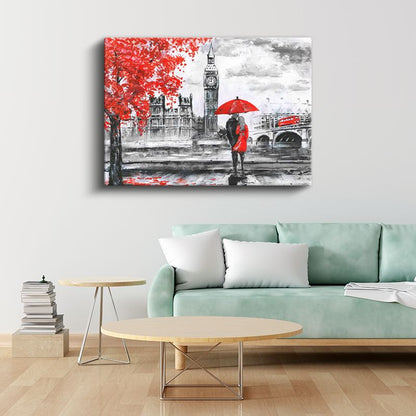 Londra Aşıkları - Kırmızı Detaylı Big Ben Kanvas Tablo