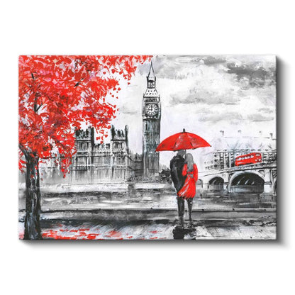 Londra Aşıkları - Kırmızı Detaylı Big Ben Kanvas Tablo