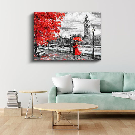 Kırmızı Şemsiye - Big Ben Manzarası Kanvas Tablo