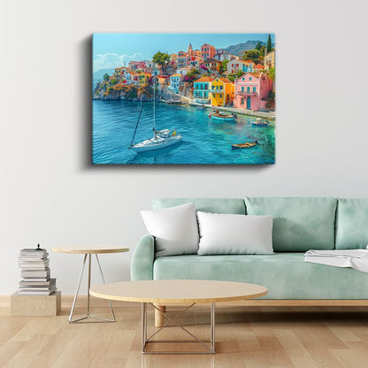 Santorini Evleri - Turkuaz Deniz Manzarası Kanvas Tablo