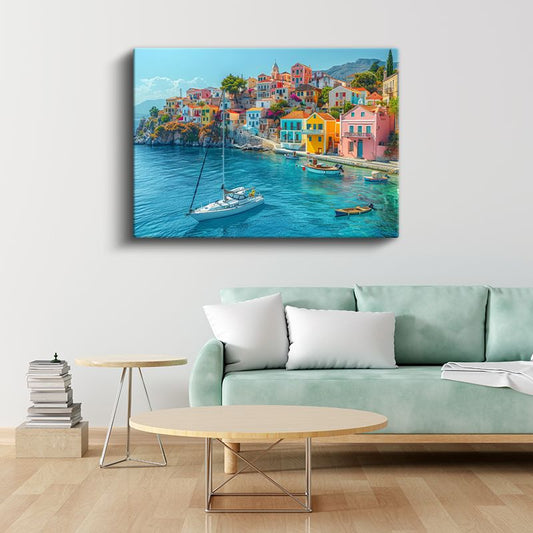 Santorini Evleri - Turkuaz Deniz Manzarası Kanvas Tablo