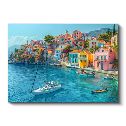 Santorini Evleri - Turkuaz Deniz Manzarası Kanvas Tablo