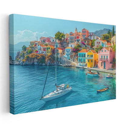 Santorini Evleri - Turkuaz Deniz Manzarası Kanvas Tablo