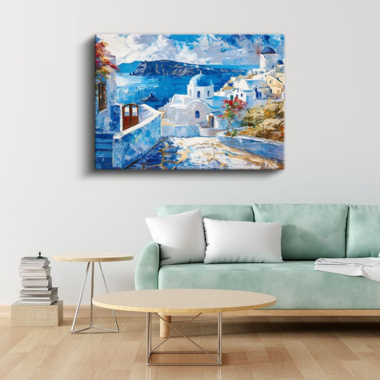 Santorini Manzarası - Beyaz Mavi Harmoni Kanvas Tablo
