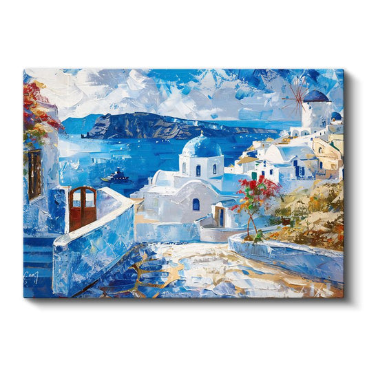 Santorini Manzarası - Beyaz Mavi Harmoni Kanvas Tablo