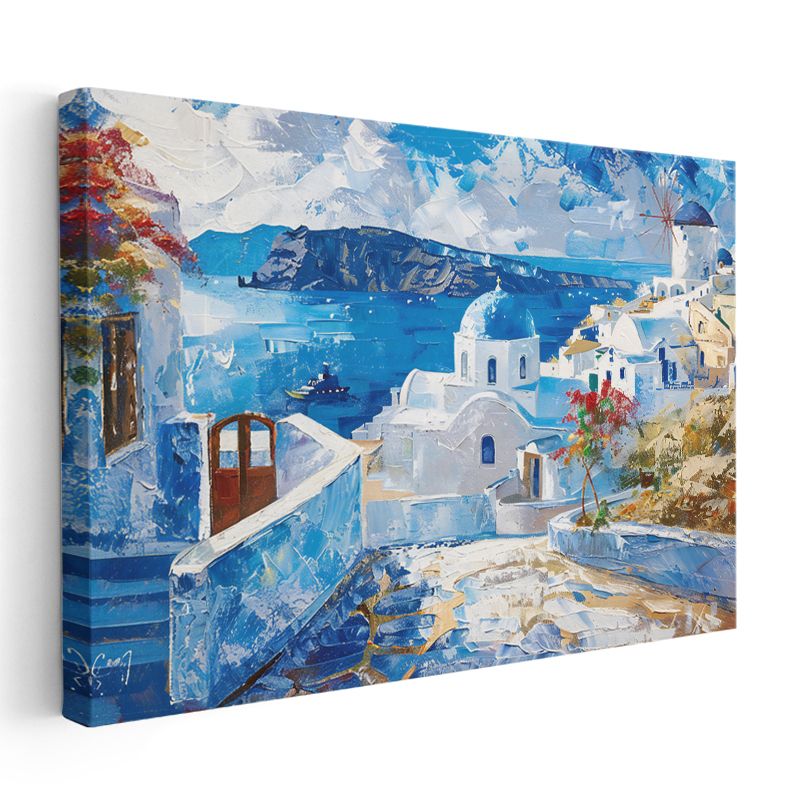 Santorini Manzarası - Beyaz Mavi Harmoni Kanvas Tablo