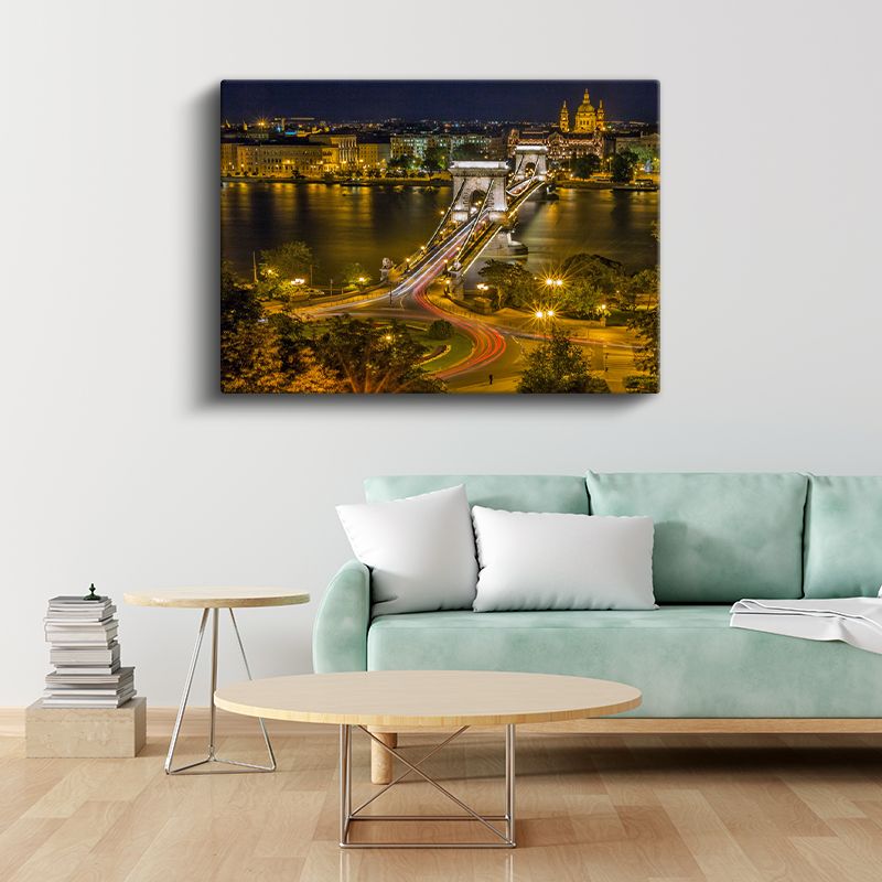 Budapeşte Köprüsü - Gece Işıkları Altında Kanvas Tablo