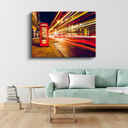 Londra Gecesi - Telefon Kulübesi ve Işık İzleri Kanvas Tablo