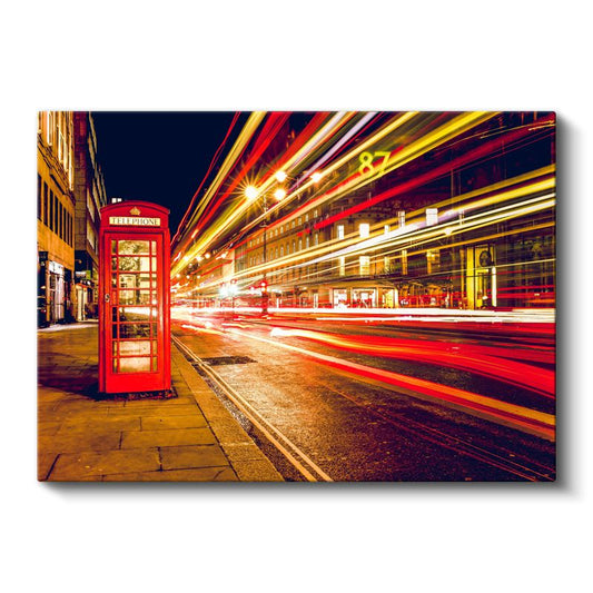 Londra Gecesi - Telefon Kulübesi ve Işık İzleri Kanvas Tablo