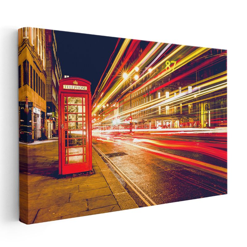 Londra Gecesi - Telefon Kulübesi ve Işık İzleri Kanvas Tablo